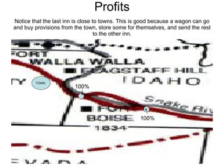 Profits 100% 100% Notice that the last inn is close to towns. This is good because a wagon can go and buy provisions from the town, store some for themselves, and send the rest to the other inn. TOWN 