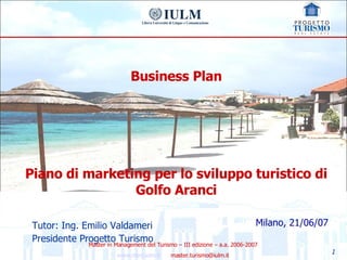 Business Plan Piano di marketing per lo sviluppo turistico di Golfo Aranci Milano, 21/06/07 Tutor: Ing. Emilio Valdameri Presidente Progetto Turismo 