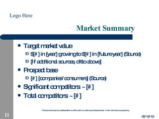 Market Summary Target market value $[#] in [year] growing to $[#] in [future year] (Source) [If additional sources, ditto above] Prospect base [#] [companies/consumers] (Source) Significant competitors: ~[#] Total competitors: ~[#] 05/19/10 
