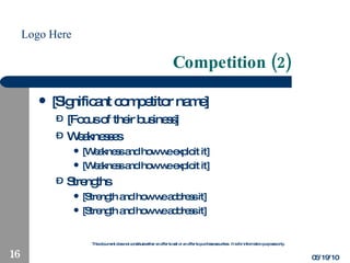 Competition (2) [Significant competitor name] [Focus of their business] Weaknesses [Weakness and how we exploit it] [Weakness and how we exploit it] Strengths [Strength and how we address it] [Strength and how we address it] 05/19/10 
