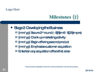 Milestones (2) Stage 2: Developing the Business [mm/yy]: Secure 2 nd  round (~$[6]m @ $[25]m pre) [mm/yy]: Crank up marketing activity [mm/yy]: Begin offering second product [mm/yy]: Emphasize customer acquisition Entertain any acquisition offers that arise 05/19/10 