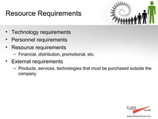 Resource Requirements Technology requirements Personnel requirements Resource requirements Financial, distribution, promotional, etc. External requirements Products, services, technologies that must be purchased outside the company  