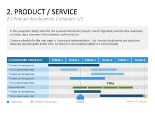 2. PRODUCT / SERVICE
2.3 Product development / schedule 1/2
In this paragraph, briefly describe the development of your project, how it originated, how the idea developed,
and what steps have been taken towards implementation.
Create a schedule for the next steps in the project implementation. List the main focal points and anticipate
delays by calculating the buffer time. All steps must be understandable to a neutral reader.
DEVELOPMENT PROCESSES PHASE 1 PHASE 2 PHASE 3 PHASE 4 PHASE 5 PHASE 6
This text can be replaced.
This is a placeholder text
This text can be replaced.
This text can be replaced.
This is a placeholder text
Placeholder text
This text can be replaced.
This is a placeholder text
1 Step
TODAY Market introductioncolor description Placeholder for color description
 