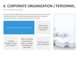 6. CORPORATE ORGANIZATION / PERSONNEL
6.5 Company profile
Here you have the opportunity to talk about the meaning or purpose of your
company. Explain your company's philosophy as well as other aspects of
your planned business. Key points of the statement may be:
In which
discipline do you
wish to excel?
What does your business stand for?
Which corporate
culture do you
wish to maintain
internally and
externally?
Which are your
main objectives?
What should
your company
represent?
 