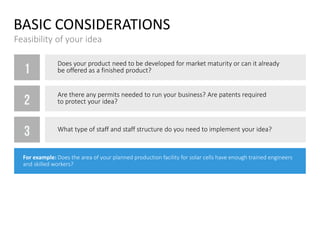 BASIC CONSIDERATIONS
Feasibility of your idea
1
2
3
Does your product need to be developed for market maturity or can it already
be offered as a finished product?
Are there any permits needed to run your business? Are patents required
to protect your idea?
What type of staff and staff structure do you need to implement your idea?
For example: Does the area of your planned production facility for solar cells have enough trained engineers
and skilled workers?
 