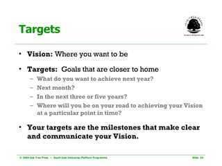 Targets Vision:  Where you want to be Targets:  Goals that are closer to home What do you want to achieve next year?  Next month?  In the next three or five years?  Where will you be on your road to achieving your Vision at a particular point in time?  Your targets are the milestones that make clear and communicate your Vision.   