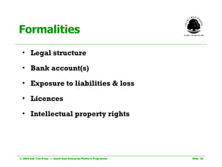Formalities Legal structure Bank account(s) Exposure to liabilities & loss  Licences Intellectual property rights 