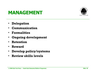 MANAGEMENT Delegation Communication Formalities Ongoing development Retention Reward Develop policy/systems Review skills levels 