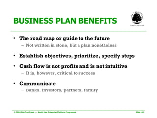 BUSINESS PLAN BENEFITS The road map or guide to the future Not written in stone, but a plan nonetheless Establish objectives, prioritize, specify steps Cash flow is not profits and is not intuitive It is, however, critical to success Communicate Banks, investors, partners, family 