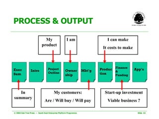 PROCESS & OUTPUT Exec Sum Intro Project Outline Ownership Mkt'g Production Finance & Funding App'x My product I am  Start-up investment Viable business ? My customers: Are /  Will buy / Will pay I can make It costs to make In summary 