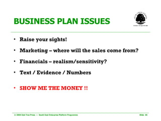 BUSINESS PLAN ISSUES Raise your sights! Marketing – where will the sales come from? Financials – realism/sensitivity? Text / Evidence / Numbers SHOW ME THE MONEY !! 