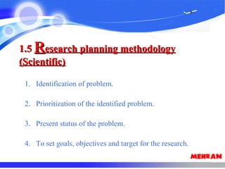 1. Identification of problem.
2. Prioritization of the identified problem.
3. Present status of the problem.
4. To set goals, objectives and target for the research.
1.51.5 RResearch planning methodologyesearch planning methodology
(Scientific)(Scientific)
 