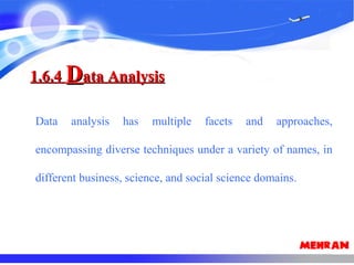 1.6.41.6.4 DData Analysisata Analysis
Data analysis has multiple facets and approaches,
encompassing diverse techniques under a variety of names, in
different business, science, and social science domains.
 
