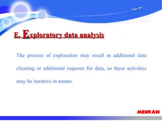 E.E. EExploratory data analysisxploratory data analysis
The process of exploration may result in additional data
cleaning or additional requests for data, so these activities
may be iterative in nature.
 