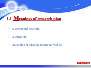 1.11.1 MMeanings of research planeanings of research plan
o A conceptual structure.
o A blueprint.
o An outline of what the researcher will do.
 