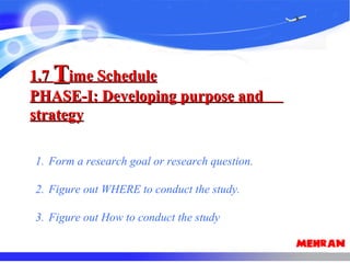 1.71.7 TTime Scheduleime Schedule
PHASE-I: Developing purpose andPHASE-I: Developing purpose and
strategystrategy
1. Form a research goal or research question.
2. Figure out WHERE to conduct the study.
3. Figure out How to conduct the study
 