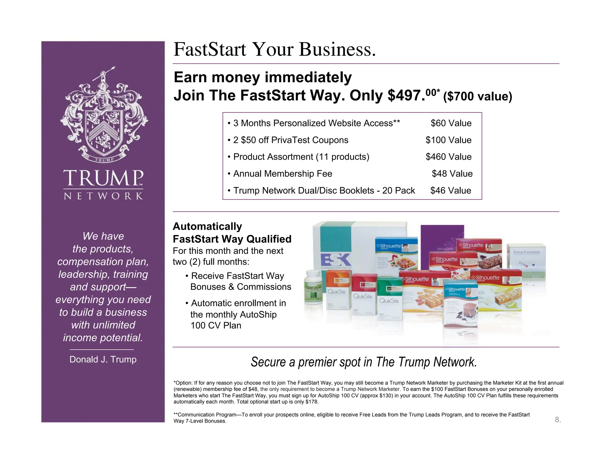 FastStart Your Business.
                        Earn money immediately
                        Join The FastStart Way. Only $497.00* ($700 value)
                                              • 3 Months Personalized Website Access**                                              $60 Value
                                              • 2 $50 off PrivaTest Coupons                                                       $100 Value
                                              • Product Assortment (11 products)                                                  $460 Value
                                              • Annual Membership Fee                                                                $48 Value
                                              • Trump Network Dual/Disc Booklets - 20 Pack                                          $46 Value



                        Automatically
      We have           FastStart Way Qualified
    the products,       For this month and the next
compensation plan,      two (2) full months:
 leadership, training       • Receive FastStart Way
    and support—              Bonuses & Commissions
everything you need         • Automatic enrollment in
 to build a business          the monthly AutoShip
    with unlimited            100 CV Plan
  income potential.

   Donald J. Trump                                      Secure a premier spot in The Trump Network.
                        *Option: If for any reason you choose not to join The FastStart Way, you may still become a Trump Network Marketer by purchasing the Marketer Kit at the first annual
                        (renewable) membership fee of $48, the only requirement to become a Trump Network Marketer. To earn the $100 FastStart Bonuses on your personally enrolled
                        Marketers who start The FastStart Way, you must sign up for AutoShip 100 CV (approx $130) in your account. The AutoShip 100 CV Plan fulfills these requirements
                        automatically each month. Total optional start up is only $178.

                        **Communication Program—To enroll your prospects online, eligible to receive Free Leads from the Trump Leads Program, and to receive the FastStart
                        Way 7-Level Bonuses.                                                                                                                                             8.
 