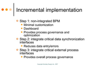 Incremental implementation <ul><li>Step 1: non-integrated BPM </li></ul><ul><ul><li>Minimal customization </li></ul></ul><...