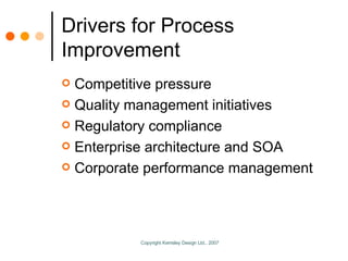 Drivers for Process Improvement <ul><li>Competitive pressure </li></ul><ul><li>Quality management initiatives </li></ul><u...