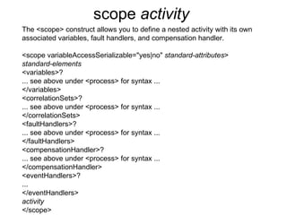 scope  activity   The <scope> construct allows you to define a nested activity with its own associated variables, fault handlers, and compensation handler. <scope variableAccessSerializable="yes|no"  standard-attributes > standard-elements <variables>? ... see above under <process> for syntax ... </variables> <correlationSets>? ... see above under <process> for syntax ... </correlationSets> <faultHandlers>? ... see above under <process> for syntax ... </faultHandlers> <compensationHandler>? ... see above under <process> for syntax ... </compensationHandler> <eventHandlers>? ... </eventHandlers> activity </scope> 
