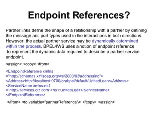 Endpoint References? Partner links define the shape of a relationship with a partner by defining the message and port types used in the interactions in both directions. However, the actual partner service may be  dynamically determined within the process . BPEL4WS uses a notion of endpoint reference to represent the dynamic data required to describe a partner service endpoint. <assign> <copy> <from>  <EndpointReference xmlns  ="http://schemas.xmlsoap.org/ws/2003/03/addressing"> <Address>http://localhost:9700/orabpel/default/UnitedLoan</Address> <ServiceName xmlns:ns1  ="http://services.otn.com">ns1:UnitedLoan</ServiceName> </EndpointReference> </from> <to variable="partnerReference"/> </copy> </assign>  