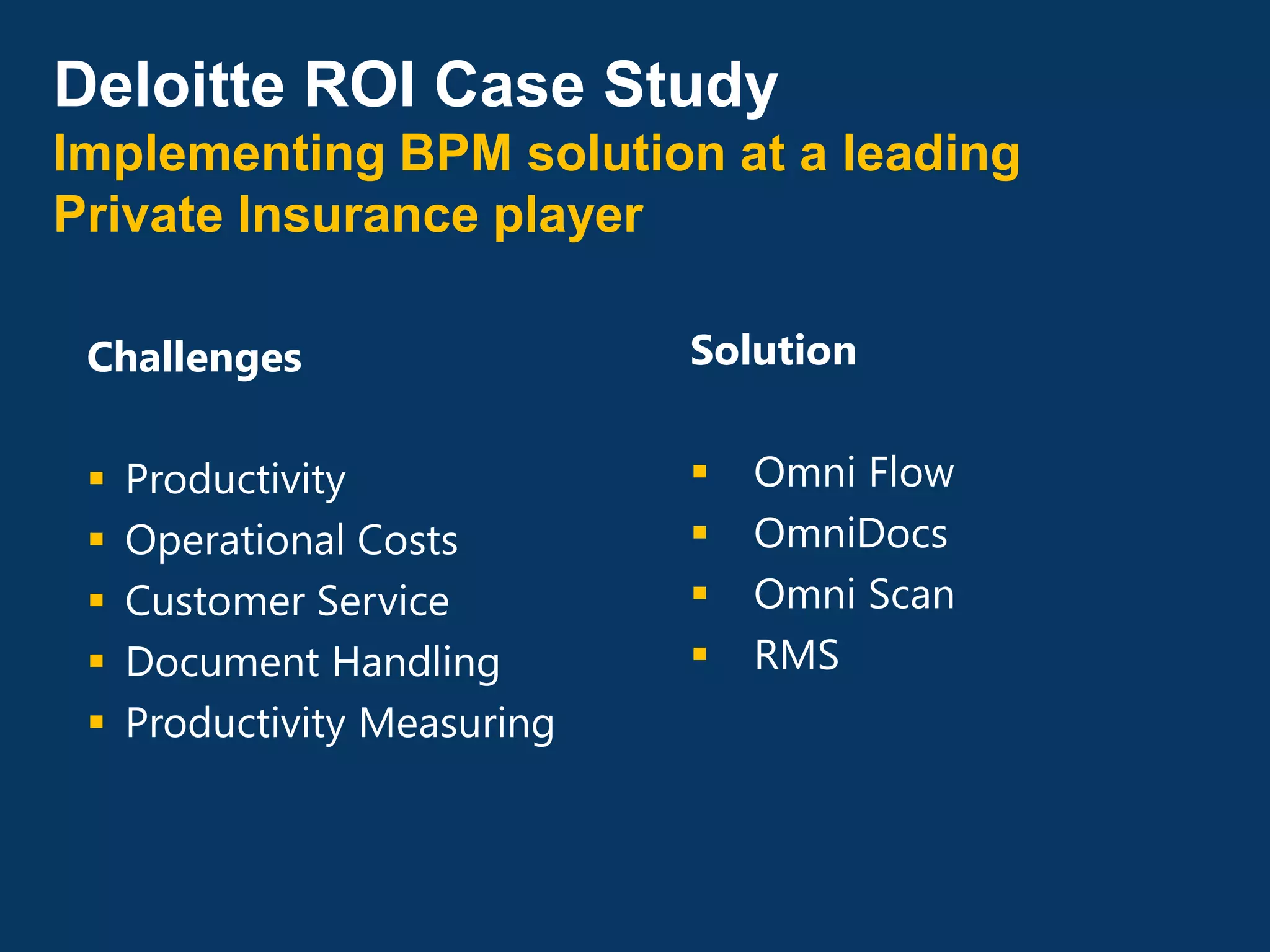 Deloitte ROI Case Study
Implementing BPM solution at a leading
Private Insurance player

 Challenges                   Solution


    Productivity                Omni Flow
    Operational Costs           OmniDocs
    Customer Service            Omni Scan
    Document Handling           RMS
    Productivity Measuring
 