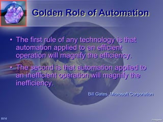Golden Role of Automation

• The first rule of any technology is that
  automation applied to an efficient
  operation will magnify the efficiency.
• The second is that automation applied to
  an inefficient operation will magnify the
  inefficiency.
                         Bill Gates, Microsoft Corporation
 