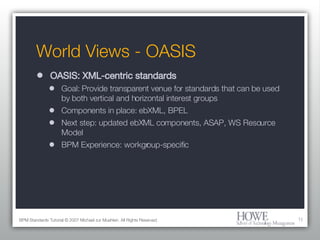 World Views - OASIS OASIS: XML-centric standards Goal: Provide transparent venue for standards that can be used by both vertical and horizontal interest groups Components in place: ebXML, BPEL Next step: updated ebXML components, ASAP, WS Resource Model BPM Experience: workgroup-specific BPM Standards Tutorial © 2007 Michael zur Muehlen. All Rights Reserved. 