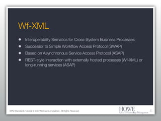 Wf-XML Interoperability Sematics for Cross-System Business Processes Successor to Simple Workflow Access Protocol (SWAP) Based on Asynchronous Service Access Protocol (ASAP) REST-style Interaction with externally hosted processes (Wf-XML) or long-running services (ASAP) BPM Standards Tutorial © 2007 Michael zur Muehlen. All Rights Reserved. 