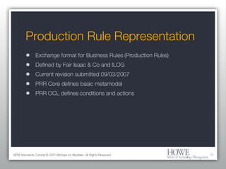 Production Rule Representation Exchange format for Business Rules (Production Rules) Defined by Fair Isaac & Co and ILOG Current revision submitted 09/03/2007 PRR Core defines basic metamodel PRR OCL defines conditions and actions BPM Standards Tutorial © 2007 Michael zur Muehlen. All Rights Reserved. 