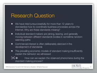 Research Question We have tried (unsuccessfully) for more than 12 years to standardize how to coordinate business processes across the Internet. Why are these standards missing? Individual standard makers are joining, leaving, and generally moving between different standards bodies in sometime random seeming paths Commercial interest is often deliberately silenced in the development of standards The prevailing economic models of standard making insufficiently explain the behavior we witnessed   How can we explain the observed phenomena during the standard making process? BPM Standards Tutorial © 2007 Michael zur Muehlen. All Rights Reserved. 