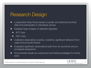 Research Design Longitudinal Case Study based on public and restricted archival data and participation in standards venues Detailed Case Analysis of selected Vignettes IETF Case W3C Case Collected observations (events, incidents, significant behavior) from cases (a la process theory) Evaluated significant observations both from an economic and an ecological perspective Documented results as conjectures and testing strategies for further work BPM Standards Tutorial © 2007 Michael zur Muehlen. All Rights Reserved. 