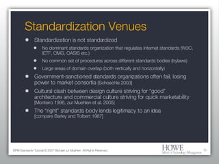 Standardization Venues Standardization is not standardized No dominant standards organization that regulates Internet standards (W3C, IETF, OMG, OASIS etc.) No common set of procedures across different standards bodies (bylaws) Large areas of domain overlap (both vertically and horizontally) Government-sanctioned standards organizations often fail, losing power to market consortia  [Schoechle 2003] Cultural clash between design culture striving for “good” architecture and commercial culture striving for quick marketability  [Monteiro 1998, zur Muehlen et al. 2005] The “right” standards body lends legitimacy to an idea  [compare Barley and Tolbert 1987] BPM Standards Tutorial © 2007 Michael zur Muehlen. All Rights Reserved. 