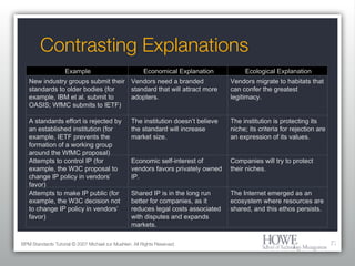Contrasting Explanations BPM Standards Tutorial © 2007 Michael zur Muehlen. All Rights Reserved. Example Economical Explanation Ecological Explanation New industry groups submit their standards to older bodies (for example, IBM et al. submit to OASIS; WfMC submits to IETF) Vendors need a branded standard that will attract more adopters. Vendors migrate to habitats that can confer the greatest legitimacy. A standards effort is rejected by an established institution (for example, IETF prevents the formation of a working group around the WfMC proposal) The institution doesn’t believe the standard will increase market size. The institution is protecting its niche; its criteria for rejection are an expression of its values. Attempts to control IP (for example, the W3C proposal to change IP policy in vendors’ favor) Economic self-interest of vendors favors privately owned IP. Companies will try to protect their niches. Attempts to make IP public (for example, the W3C decision not to change IP policy in vendors’ favor) Shared IP is in the long run better for companies, as it reduces legal costs associated with disputes and expands markets. The Internet emerged as an ecosystem where resources are shared, and this ethos persists. 