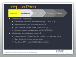 Inception Phase Who initiates standards? Government-sanctioned standardization (e.g. COSO / SOX) User-initiated standardization (typically vertical) Vendor-initiated standardization (often horizontal) Developer-initiated standardization (e.g. first IETF RFPs) When does a specification emerge? Industry practice: Develop 80% of specification outside, then submit Rare: Define charter, then seek out ideas Unsolicited (IETF) vs. solicited (OMG) specifications BPM Standards Tutorial © 2007 Michael zur Muehlen. All Rights Reserved. Diffusion Adoption Ratification Development Inception 
