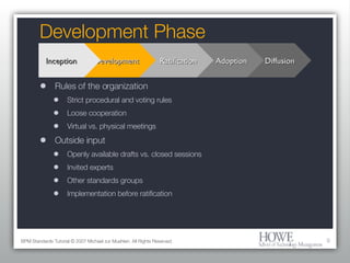 Development Phase Rules of the organization Strict procedural and voting rules Loose cooperation Virtual vs. physical meetings Outside input Openly available drafts vs. closed sessions Invited experts Other standards groups Implementation before ratification BPM Standards Tutorial © 2007 Michael zur Muehlen. All Rights Reserved. Diffusion Adoption Ratification Development Inception 