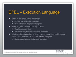 BPEL – Execution Language <ul><li>BPEL is an “executable” language </li></ul><ul><ul><ul><li>Includes only executable oper...