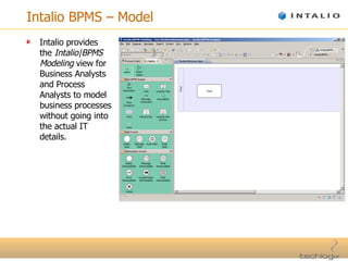 Intalio BPMS – Model Intalio provides the  Intalio|BPMS Modeling  view for Business Analysts and Process Analysts to model business processes without going into the actual IT details. 