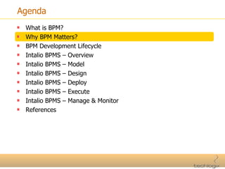 Agenda What is BPM? Why BPM Matters? BPM Development Lifecycle Intalio BPMS – Overview Intalio BPMS – Model Intalio BPMS – Design Intalio BPMS – Deploy Intalio BPMS – Execute Intalio BPMS – Manage & Monitor References 