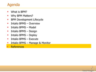 Agenda What is BPM? Why BPM Matters? BPM Development Lifecycle Intalio BPMS – Overview Intalio BPMS – Model Intalio BPMS – Design Intalio BPMS – Deploy Intalio BPMS – Execute Intalio BPMS – Manage & Monitor References 