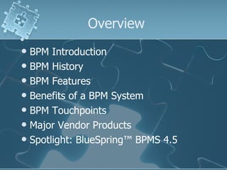 Overview BPM Introduction BPM History BPM Features Benefits of a BPM System BPM Touchpoints Major Vendor Products Spotlight: BlueSpring™ BPMS 4.5 