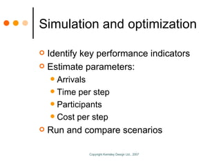 Simulation and optimization Identify key performance indicators Estimate parameters: Arrivals Time per step Participants Cost per step Run and compare scenarios 