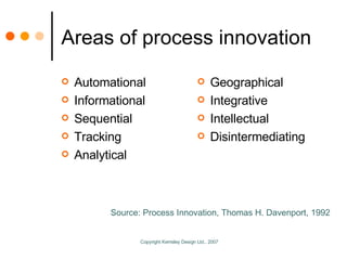 Areas of process innovation Automational Informational Sequential Tracking Analytical Geographical Integrative Intellectual Disintermediating Source: Process Innovation, Thomas H. Davenport, 1992 
