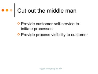 Cut out the middle man Provide customer self-service to initiate processes Provide process visibility to customer 