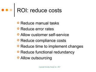 ROI: reduce costs Reduce manual tasks Reduce error rates Allow customer self-service Reduce compliance costs Reduce time to implement changes Reduce functional redundancy Allow outsourcing 