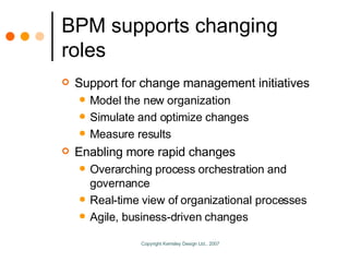 BPM supports changing roles Support for change management initiatives Model the new organization Simulate and optimize changes Measure results Enabling more rapid changes Overarching process orchestration and governance Real-time view of organizational processes Agile, business-driven changes 