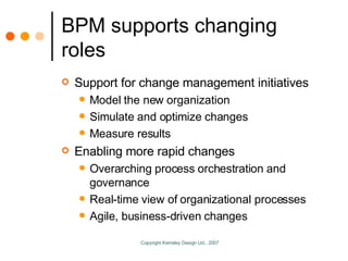 BPM supports changing roles <ul><li>Support for change management initiatives </li></ul><ul><ul><li>Model the new organiza...