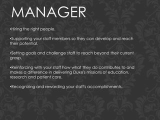 MANAGER
•Hiring the right people.
•Supporting your staff members so they can develop and reach
their potential.
•Setting goals and challenge staff to reach beyond their current
grasp.
•Reinforcing with your staff how what they do contributes to and
makes a difference in delivering Duke's missions of education,
research and patient care.
•Recognizing and rewarding your staff's accomplishments.
 