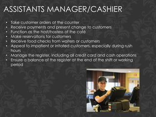 ASSISTANTS MANAGER/CASHIER
• Take customer orders at the counter
• Receive payments and present change to customers
• Function as the host/hostess of the café
• Make reservations for customers
• Receive food checks from waiters or customers
• Appeal to impatient or irritated customers, especially during rush
hours
• Manage the register, including all credit card and cash operations
• Ensure a balance of the register at the end of the shift or working
period
 