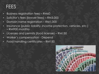 FEES
• Business registration fees – RM60
• Solicitor’s fees (lawyer fees) – RM3,000
• Domain name registration – RM1,000
• Insurance (public liability, income protection, vehicles, etc.)
– RM900 monthly
• Licenses and permits (food license) – RM150
• Worker’s compensation - Depend
• Food handling certificates – RM150
 